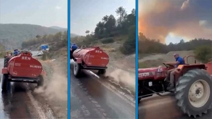 Tankerin patlayan lastiğine rağmen yangına su taşımaya devam etti
