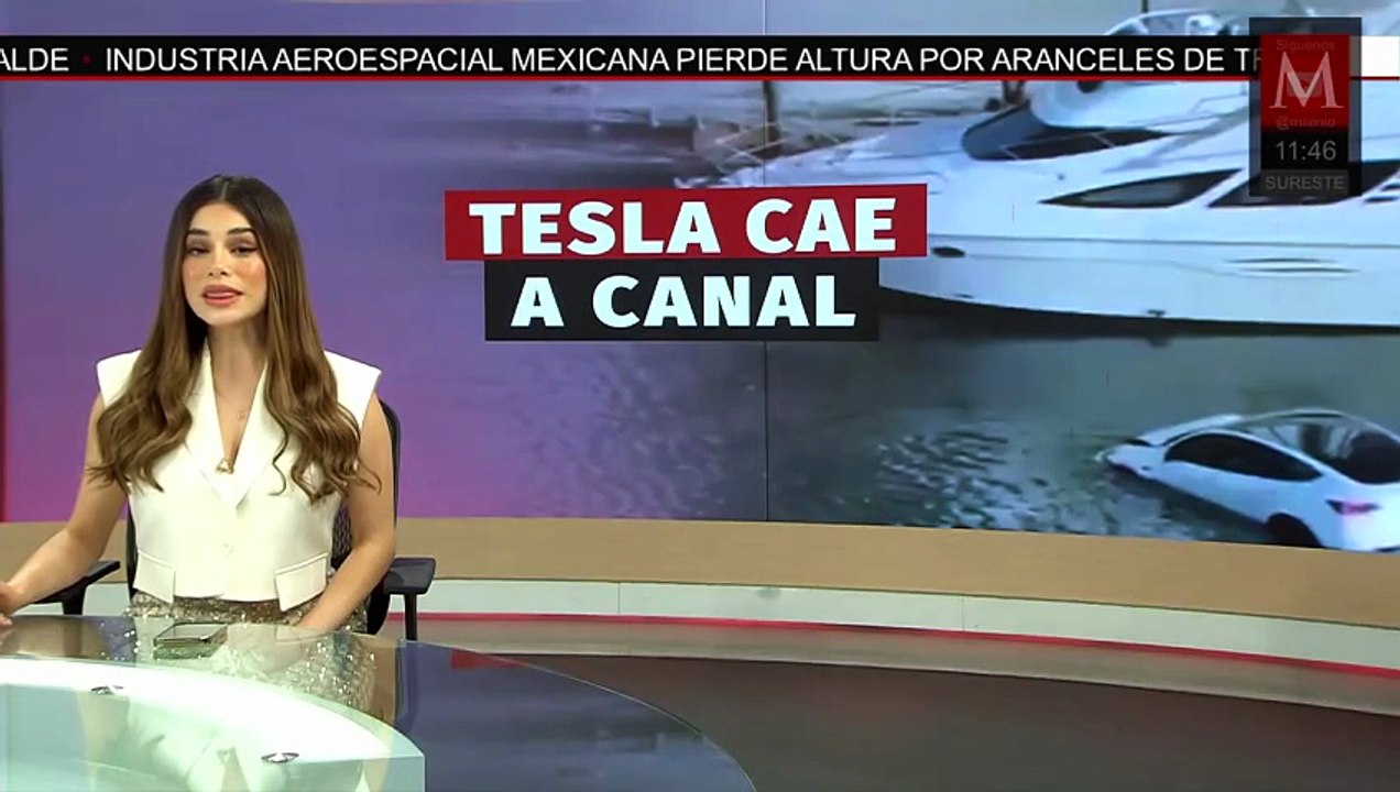 Tesla cae a un canal en Sunny Isle Beach, EU; guardia de seguridad rescata a pareja ilesa