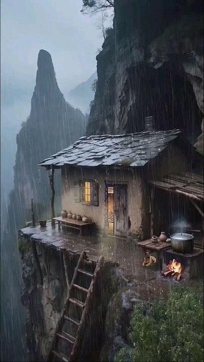 Cliffside Resort Escape with Rainy Mountain Views, Rustic Lounge, Fire Pit, and Unplugged Vacation Vibes.