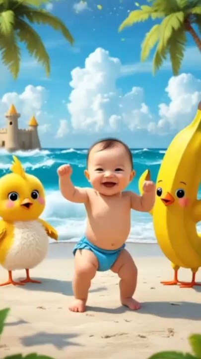 Cutest beach dancer alert! 👶🐥 Watch her groove with chicken & banana vibes!
