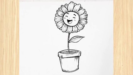 How to Draw a Cute Flower in a Pot _ Easy Flower Pot Drawing for Beginners