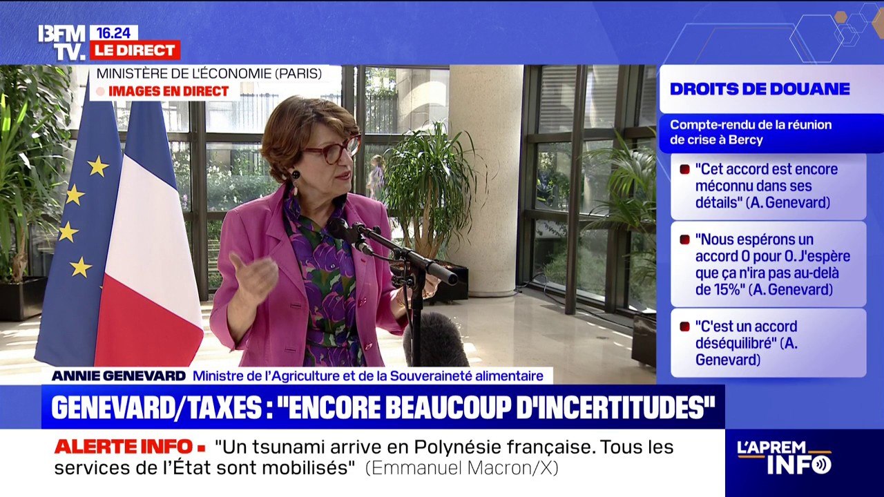 Droits de douane de 15% pour l'UE: "Tout est encore ouvert à la négociation", indique Annie Genevard, ministre de l’Agriculture