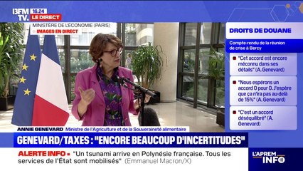 Droits de douane de 15% pour l'UE: "Tout est encore ouvert à la négociation", indique Annie Genevard, ministre de l’Agriculture