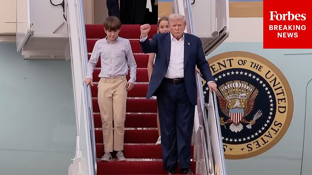 Trump Returns To JBA With His Grandchildren On Air Force One After Scotland Trip