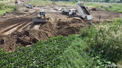 Best incredible activity Bulldozer SHANTUI Moving Sans and soil into water with Dump truck unloading