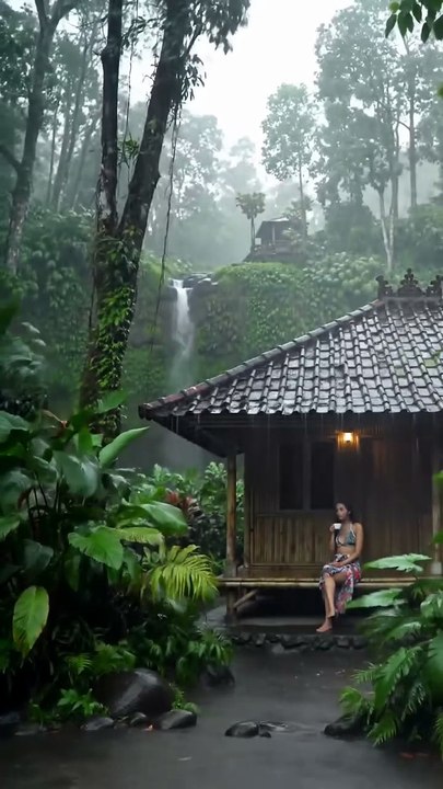Heavy Rain in a Traditional Indonesian Village – Pure Calm ☕🌧️ #amsr #waterfall #nature