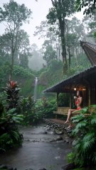 Woman Enjoying Coffee During a Stormy Day in Rural Indonesia 🏡🌧️ #amsr #waterfall #nature