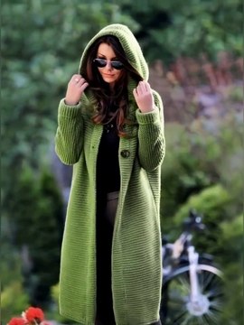 Cozy Long Knitted Hooded Cardigan in Olive Green