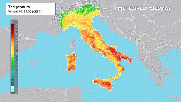 Mappa relativa alle temperature previste nei prossimi giorni