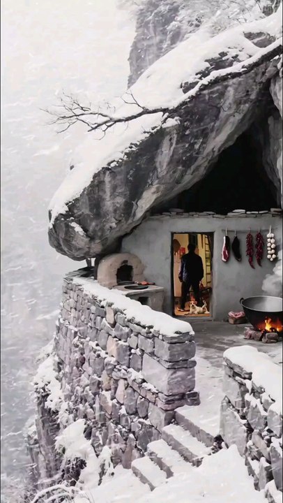 Snowy Cave Retreat: Cozy Stone Cabin, Fire Pit Cooking, Winter Camping Vibes, Hidden Mountain Resort.