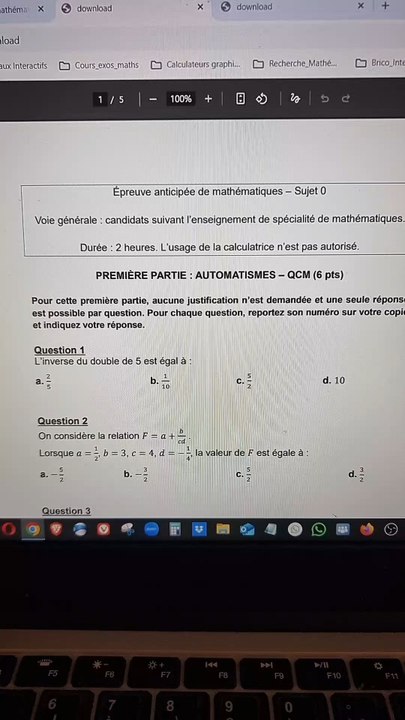 Bac de maths de 1ère filière spécialité maths.Sujet 0 n°1 Partie Automatismes QCM Questions 1 et 2.#premiere #bacmaths
