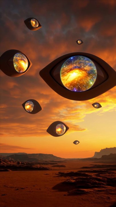 Colossal Floating Eyes in a Surreal Twilight Desert