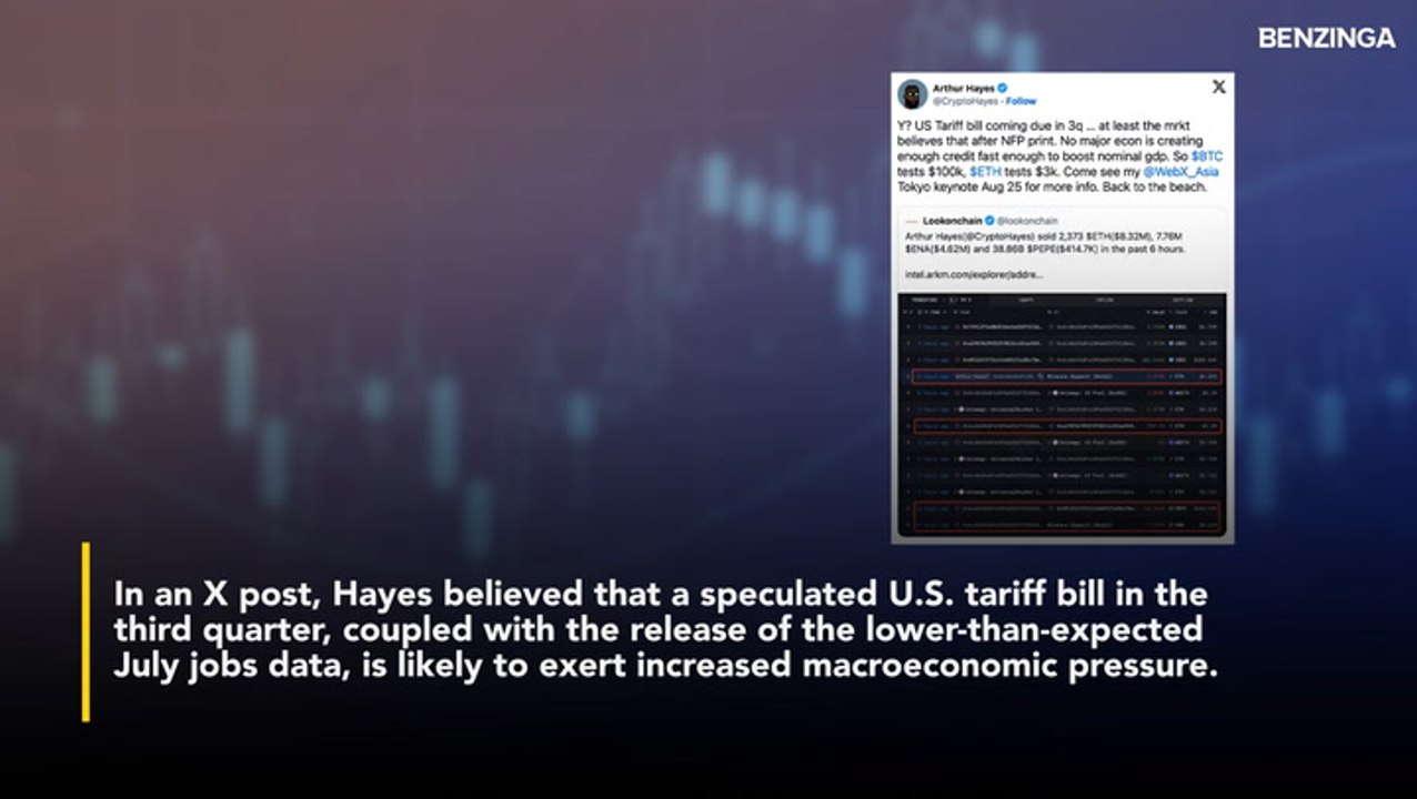 Arthur Hayes Expects Bitcoin's Pullback To $100,000, Ethereum To Test $3,000 On Trump Tariffs-Induced Headwinds