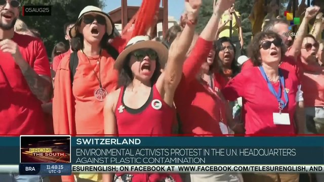 Switzerland: Environmental activists protest at U.N. headquarters against plastic pollution