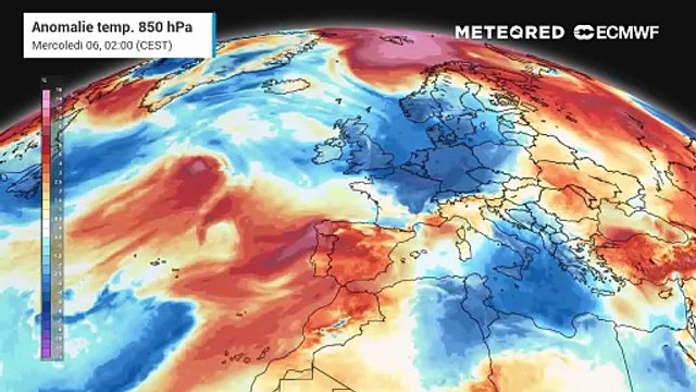 Distribuzione anomalie termiche in Europa fra mercoledì 6 e venerdì 8 agosto
