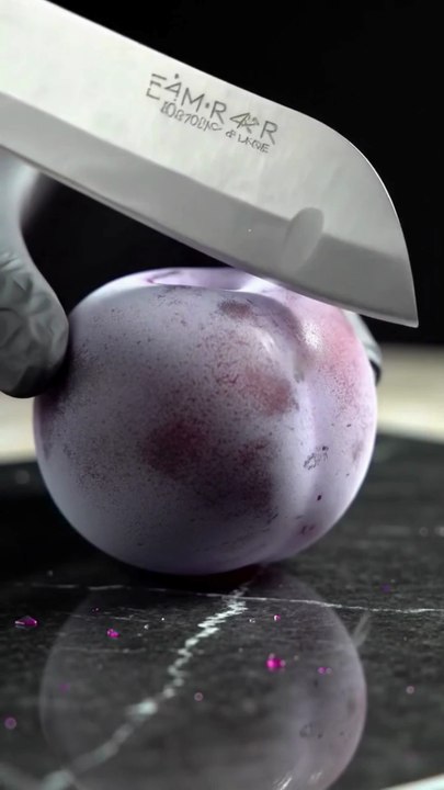 Glass Plum & Cherry Slicing | Deep Ruby Crystal Fruit ASMR in Slow Motion