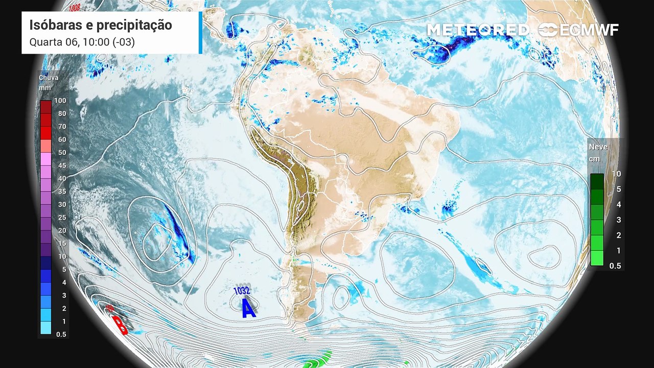 Quarta, 6 de agosto: Previsão de nebulosidade, precipitação e pressão a nível médio do mar entre quarta (6) e sexta-feira (8).