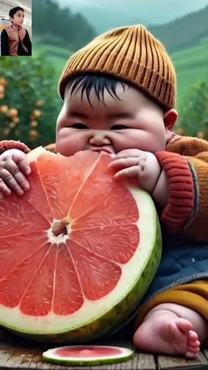 fat child with eating fruit