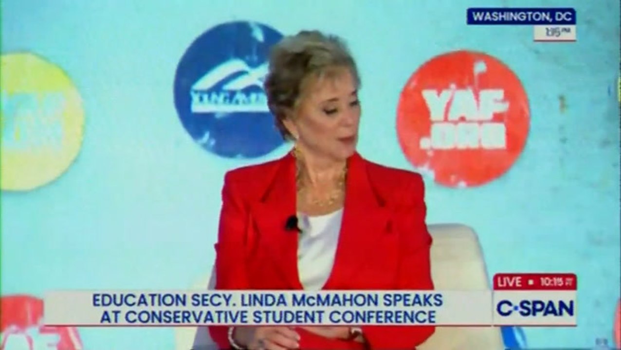 Trump Education Secretary’s speech interrupted with ‘corrupt billionaire’ audio and clown music
