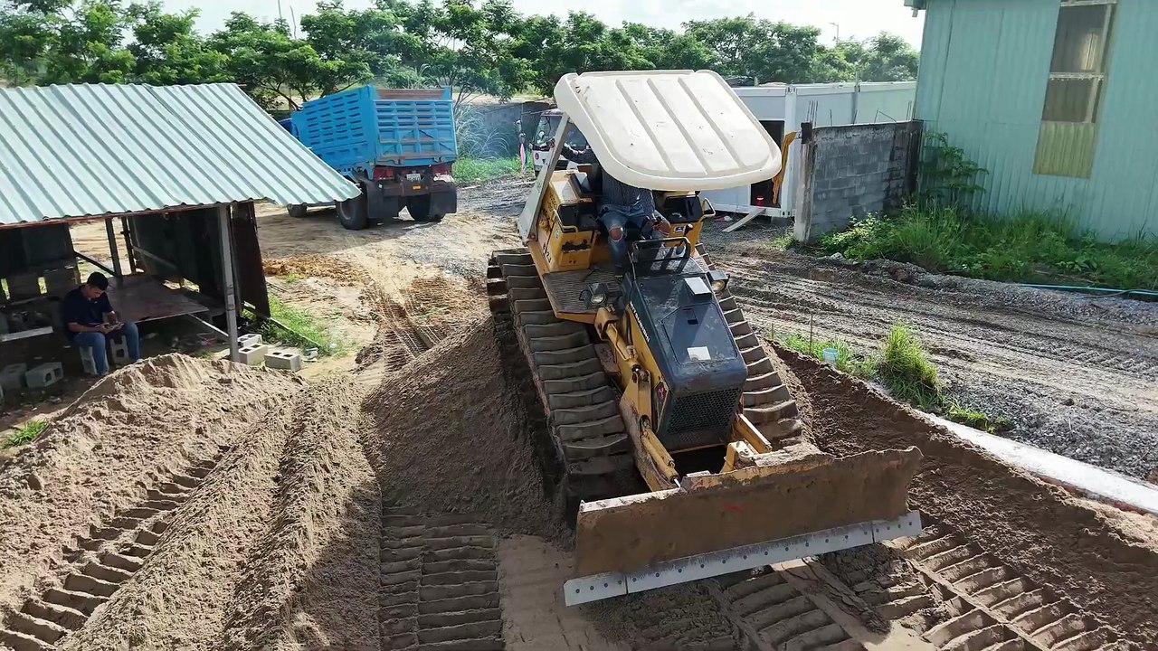 Starting New Project Sand-fill By Mitsubishi D20 Bulldozer Pushing Sand& Truck Unloading Sand