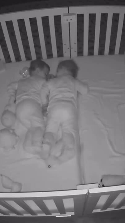 Twins Cuddle in Their Cot