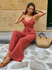Chic Terracotta Ruffle Jumpsuit with Wide Legs