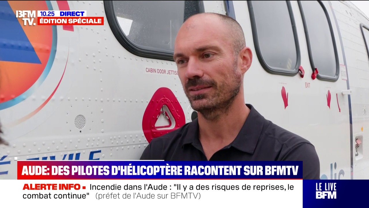 Feu fixé dans l’Aude: “On arrive à larguer entre 3.000 et 4.000 litres d’eau sur les feux à chaque largage”, indique Fabien Petit, pilote de l’hélicoptère Puma “Charlie”