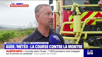 Incendie dans l’Aude: “Notre mission est le noyage pour éviter toute réactivation du feu”, explique le lieutenant-colonel Favre, chef de secteur avant