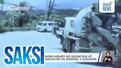 Mixer truck, nang-araro ng sasakyan at kainan bago nahulog sa bangin; 3 sugatan | Saksi