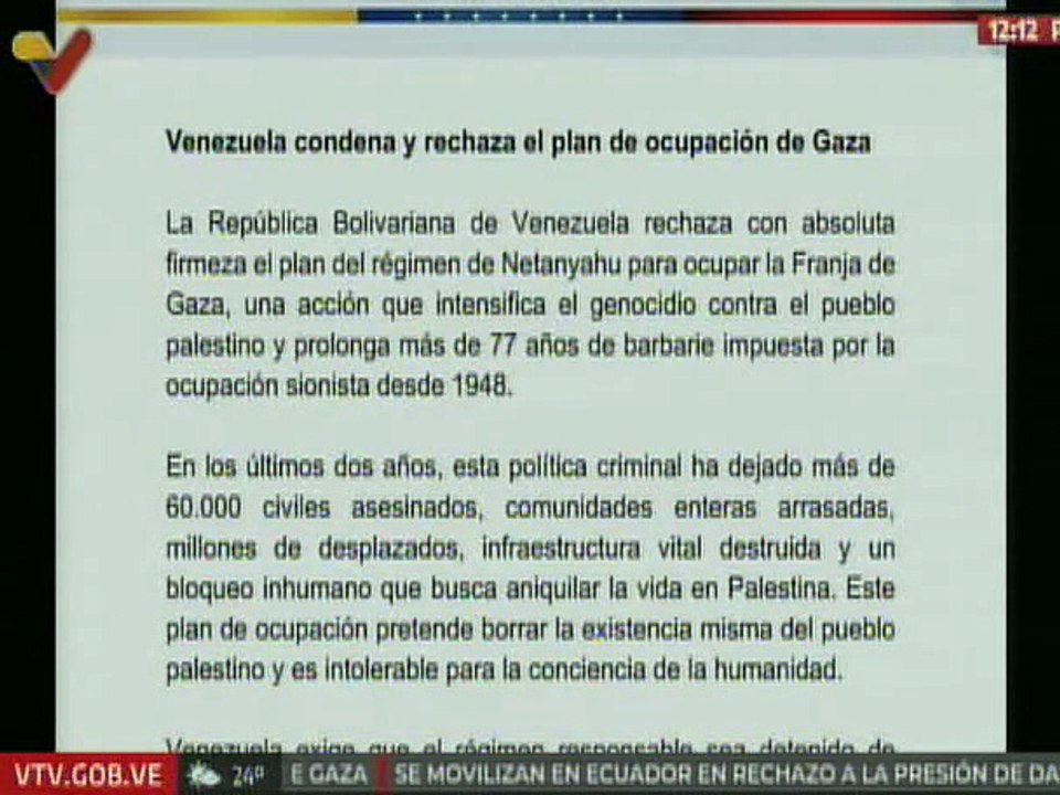 Comunicado | Venezuela rechaza plan del régimen de Netanyahu para ocupar la Franja de Gaza