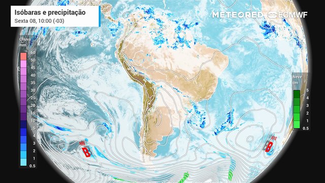Previsão de isóbaras, nebulosidade e precipitação até domingo (10).