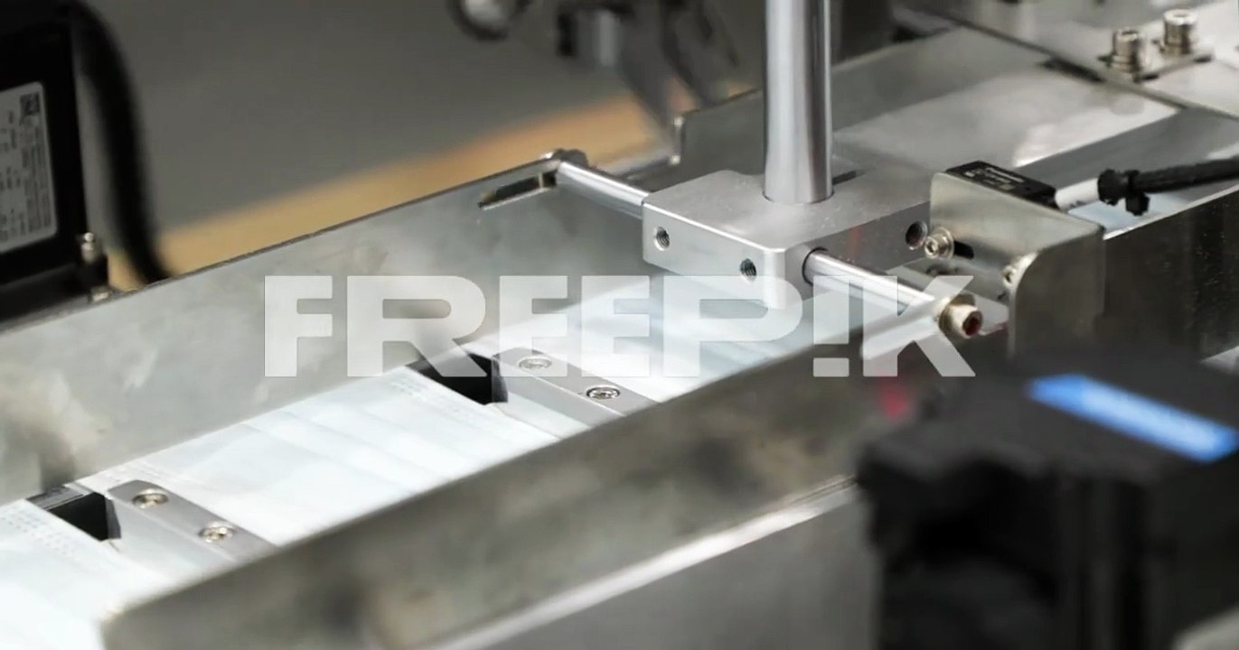 machine attaching ear loops to surgical mask pleated fabrics on conveyor