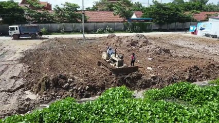 Dump Truck 5 Ton and Bulldozer Starting New Project Filling Lake  With Construction Trash and Stone