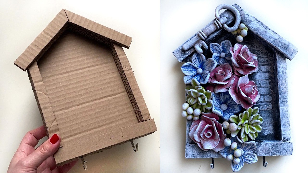 DIY Floral Key Holder from Cardboard and Clay | Easy Craft Tutorial