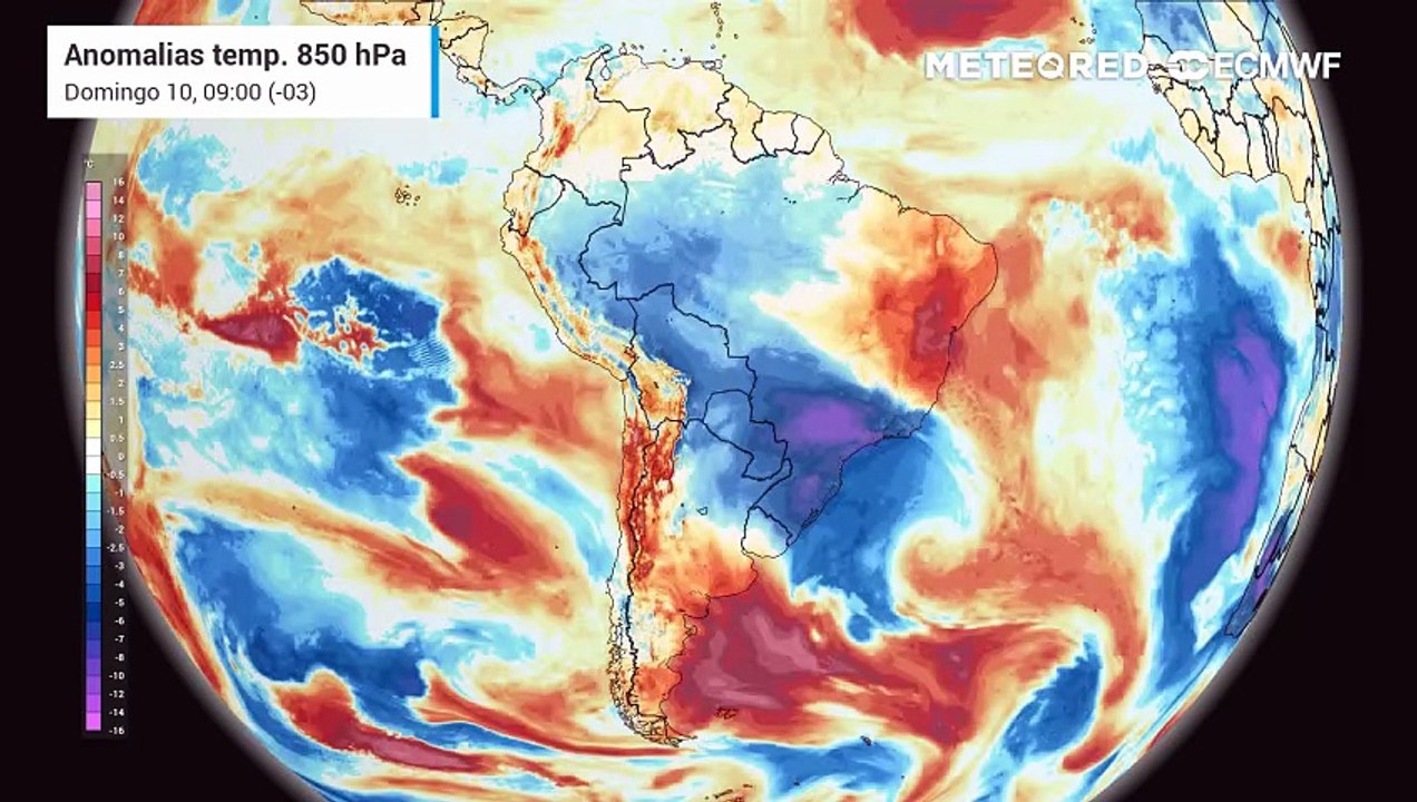 Domingo, 10 de agosto: anomalia de temperatura em 850 hPa (massas de ar)