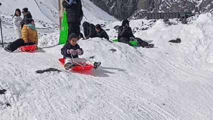 Little girl rides sled and knocks over a lady in the snow