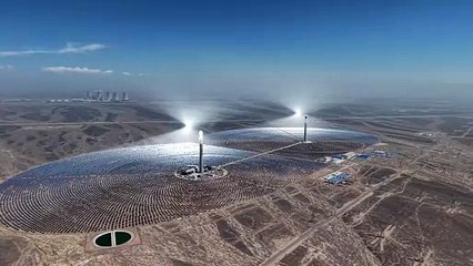 China_s twin solar thermal towers. Molten salt stores the heat to produce electricity