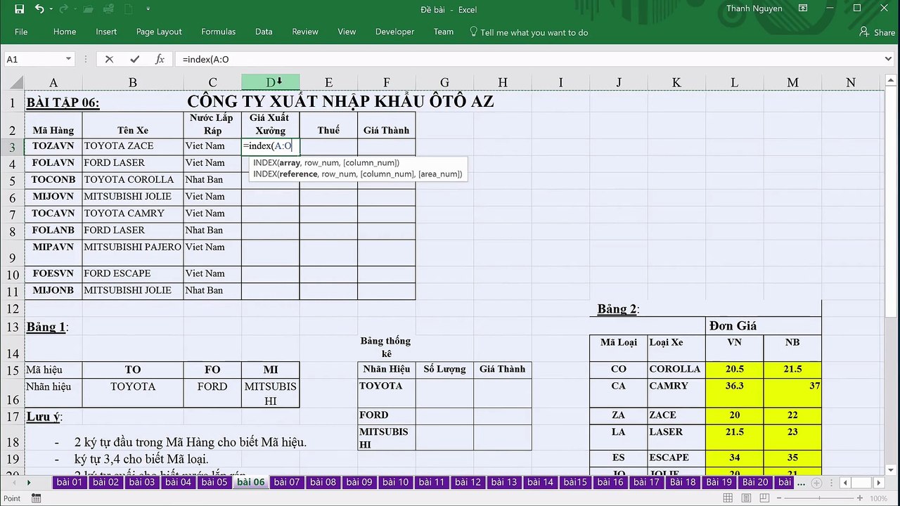 Bài 11. Chuyên đề VI - HLOOKUP, VLOOKUP, INDEX, MATCH, IF, tính phần trăm, COUNTIF, SUMIF - phần 2