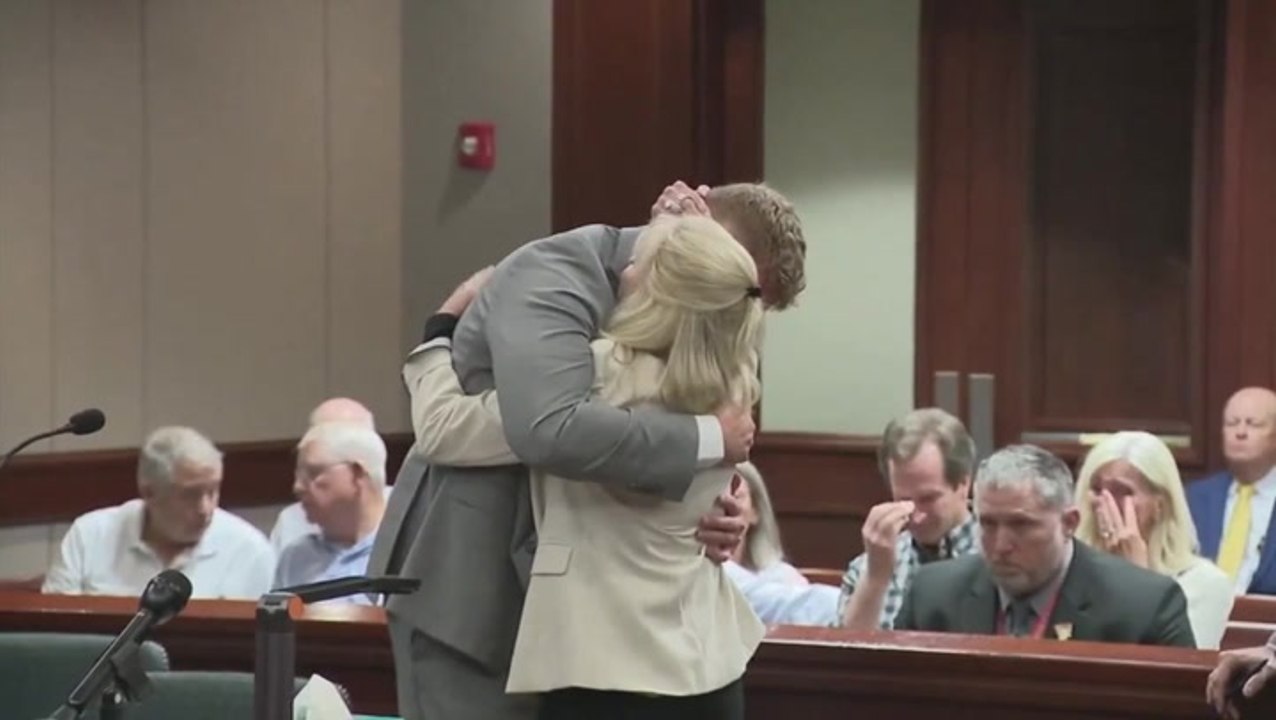 Moment woman hugs her husband’s killer in court after hit-and-run guilty verdict