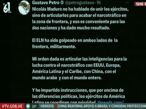 Pdte. Petro: El pdte. Nicolás Maduro no ha hablado de unir lo ejércitos, sino de articularlos