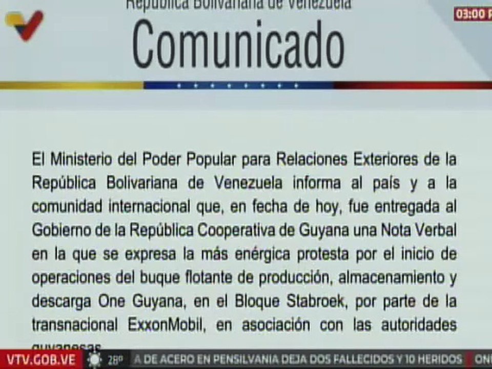 Venezuela alza su voz contra Guyana por las operaciones petroleras en el Bloque Stabroek