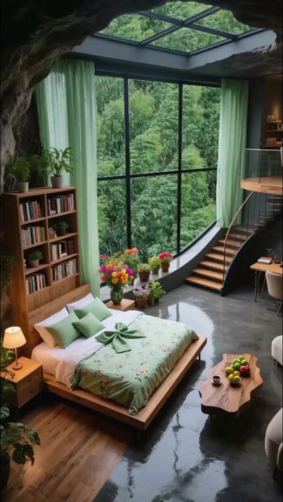 Stunning Sage Green Forest, Circular Bedroom, Smart Tiny Home Design.