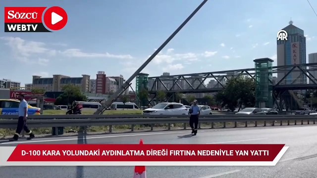 Büyükçekmece'de D-100 kara yolundaki aydınlatma direği fırtına nedeniyle yan yattı