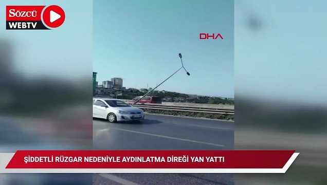 Büyükçekmece'de şiddetli rüzgar nedeniyle aydınlatma direği yan yattı: D-100'de trafik durdu