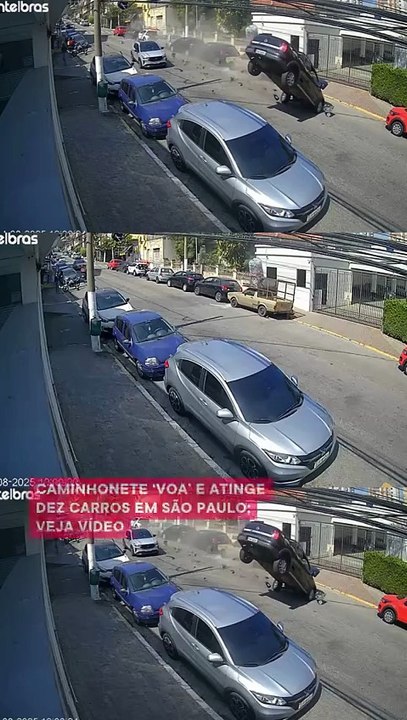 Caminhonete ‘voa’ e atinge dez carros em São Paulo; veja vídeo