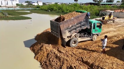 Day1- WONDERFUL! Deep Pond Reclamation Operator 5ton Land Truck Fail  Stuck Pulling By Dozer KOMATSU