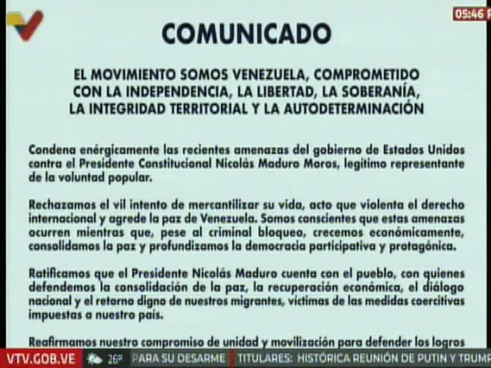 Movimiento Somos Venezuela condena las amenazas de EE.UU. contra el presidente Nicolás Maduro