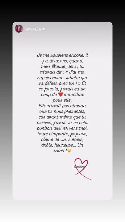 Alice Detollenaere a partagé les mots émus de Virgilia Hess après le décès de leur amie Juliette Gouenard