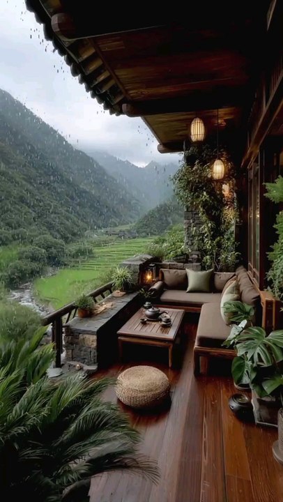 Panoramic resort balcony with misty mountains, lush valley views, camping vibes, vacation activities