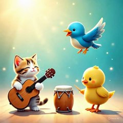 A cat 😺🐈 and a chick 🐥🐣 playing guitar 🎸🎶 music 🎶